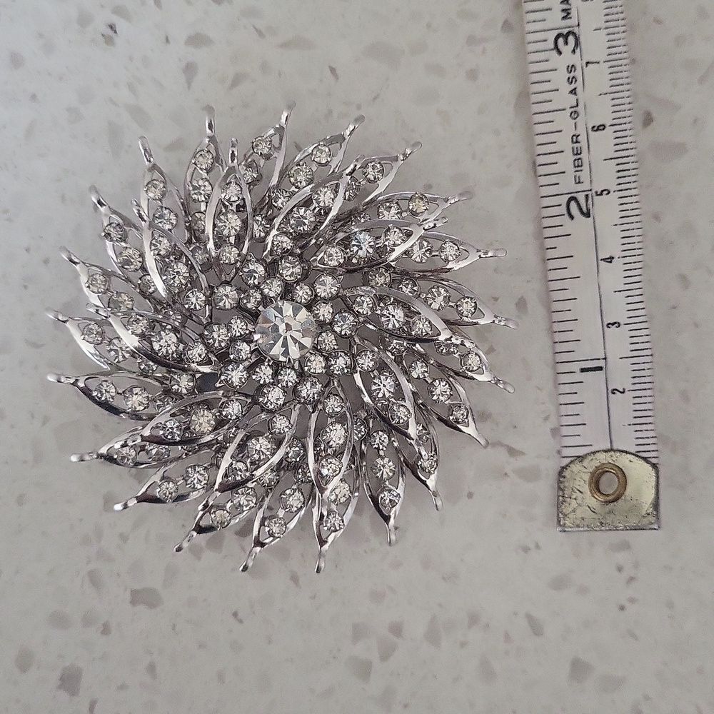 Large Sunburst Pinwheel Rhinestone Brooch - Picture 2 of 5